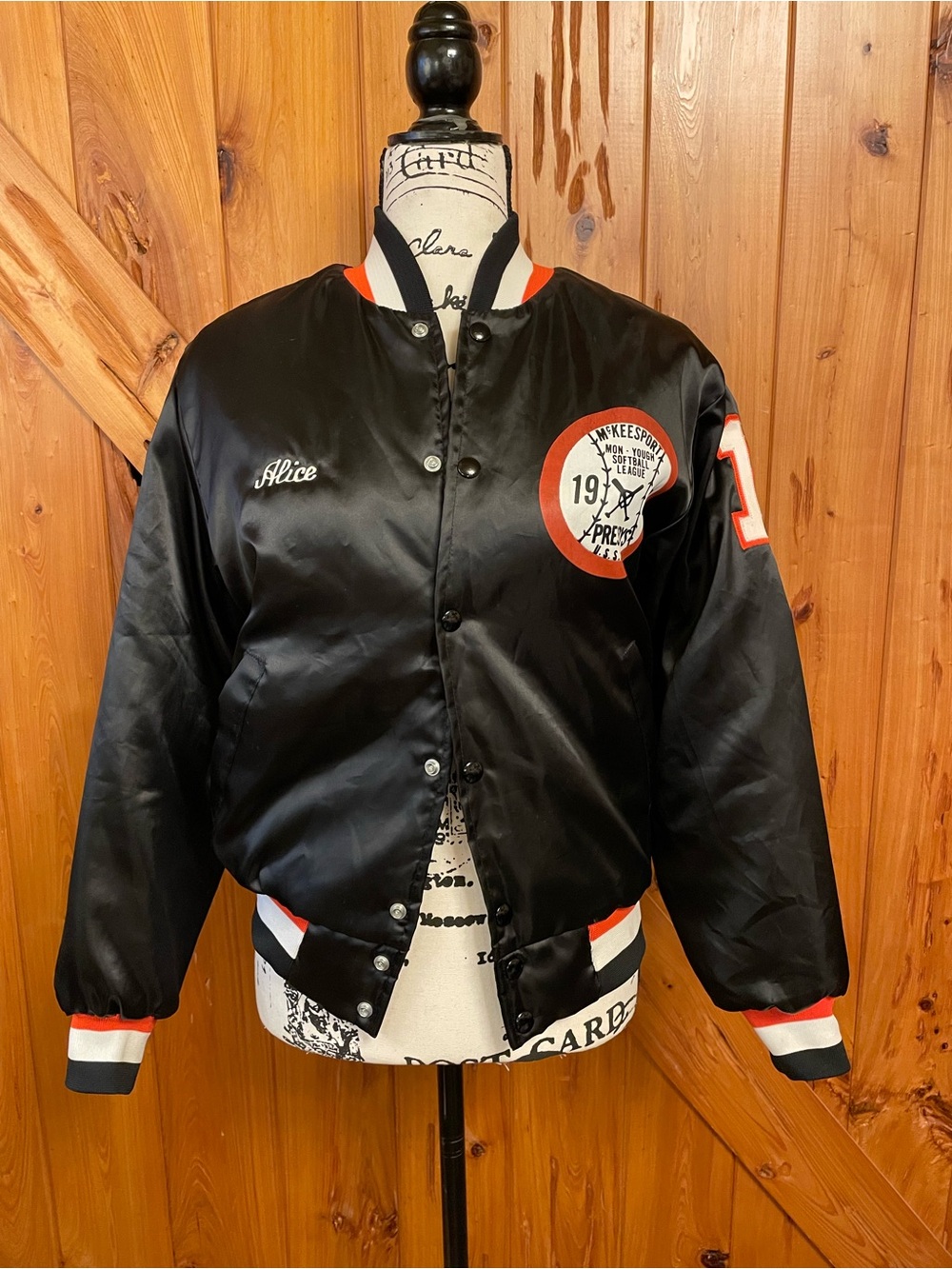 Black Satin Varsity Jacket with Orange & White Trim